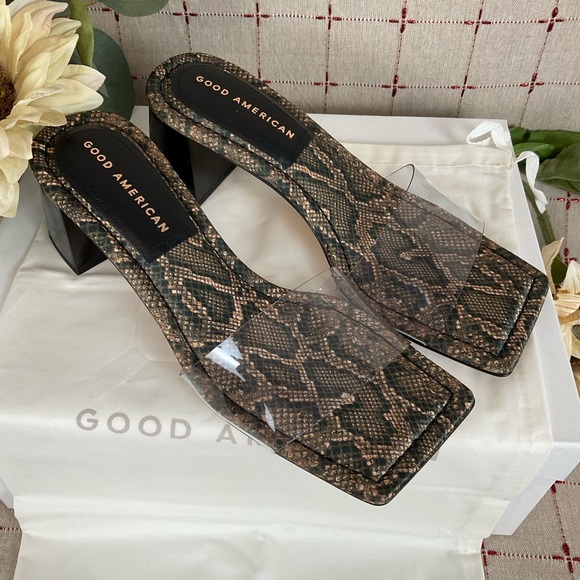 Good American Block Heel Slide Sandals Desert Snake GA119K-X New Dust Bag Size 6 - Picture 2 of 5